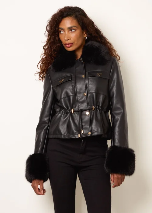 Blue Vanilla Black Faux Fur Trimmed Jacket - L Image 3