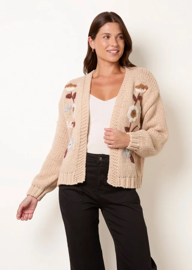 Blue Vanilla Beige Cardigan With Floral Embroidery
