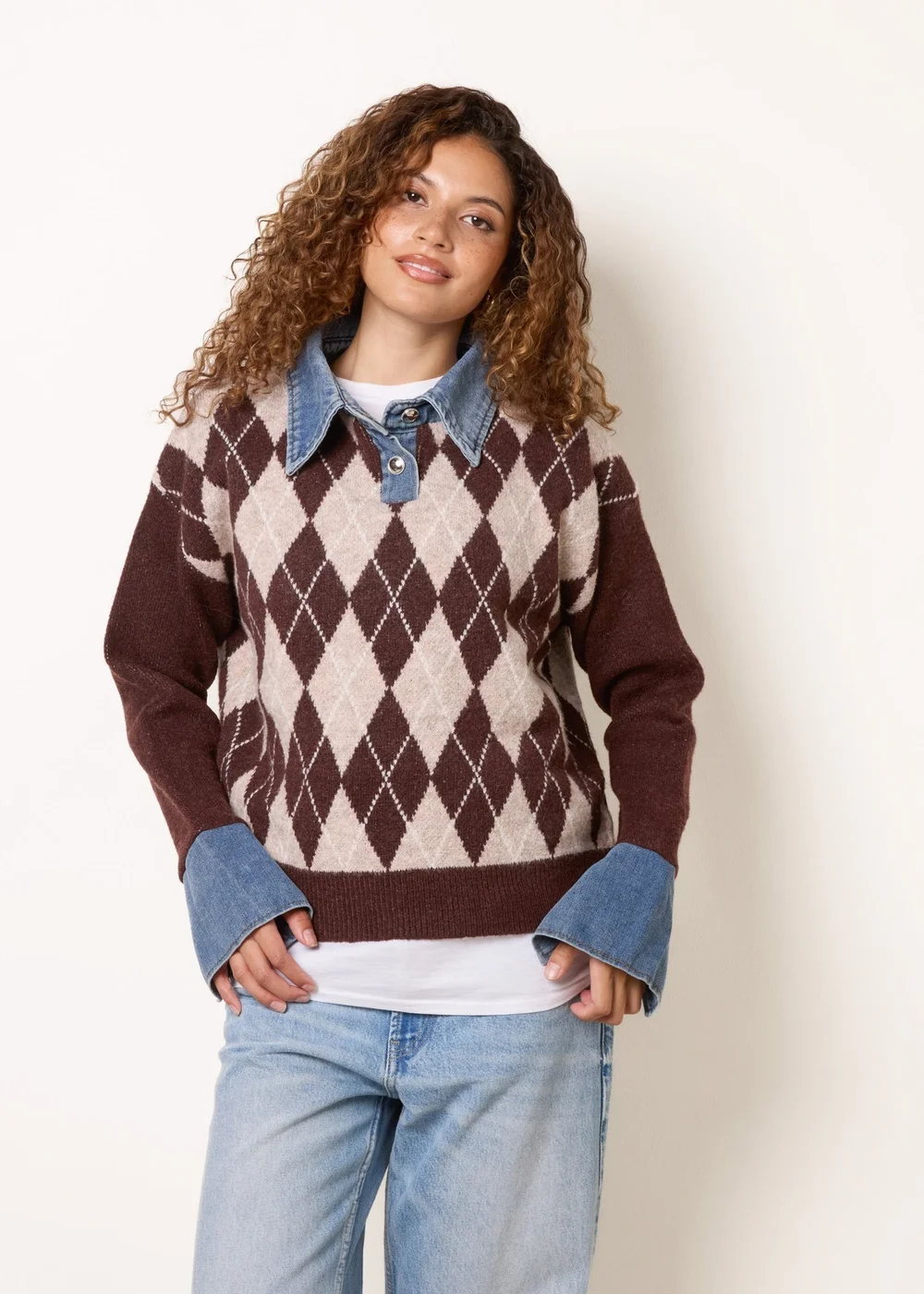 Blue Vanilla Brown Argyle Knit Polo Jumper - M/L Image 2