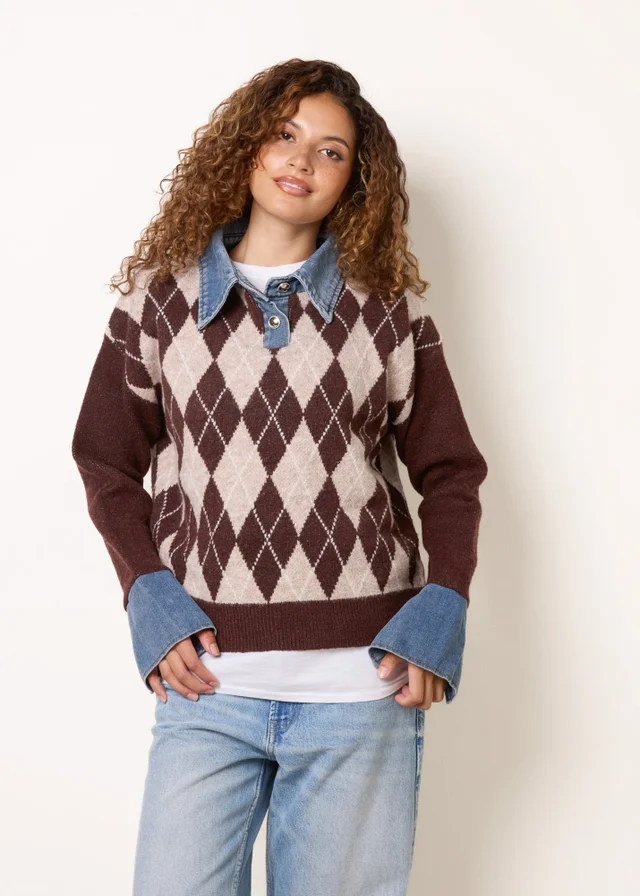 Blue Vanilla Brown Argyle Knit Polo Jumper