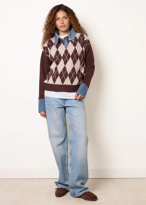 Blue Vanilla Brown Argyle Knit Polo Jumper - M/L Image 3