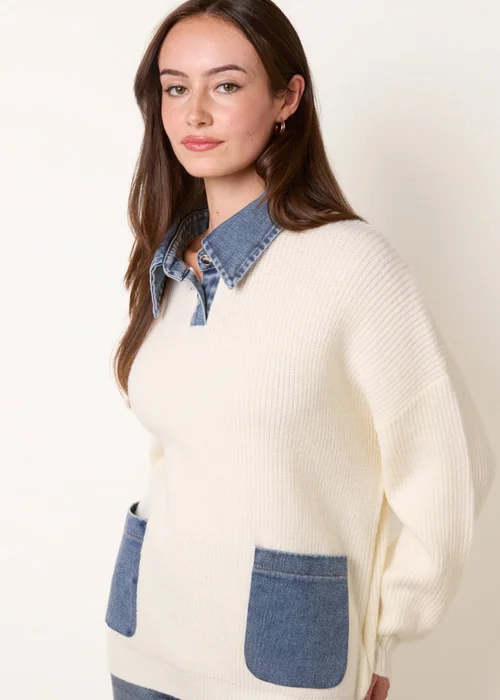 Blue Vanilla Cream Denim Collar & Pocket Detailed Jumper - One Size Image 3