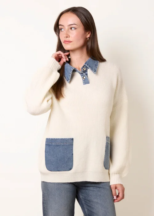 Blue Vanilla Cream Denim Collar & Pocket Detailed Jumper - One Size Image 1