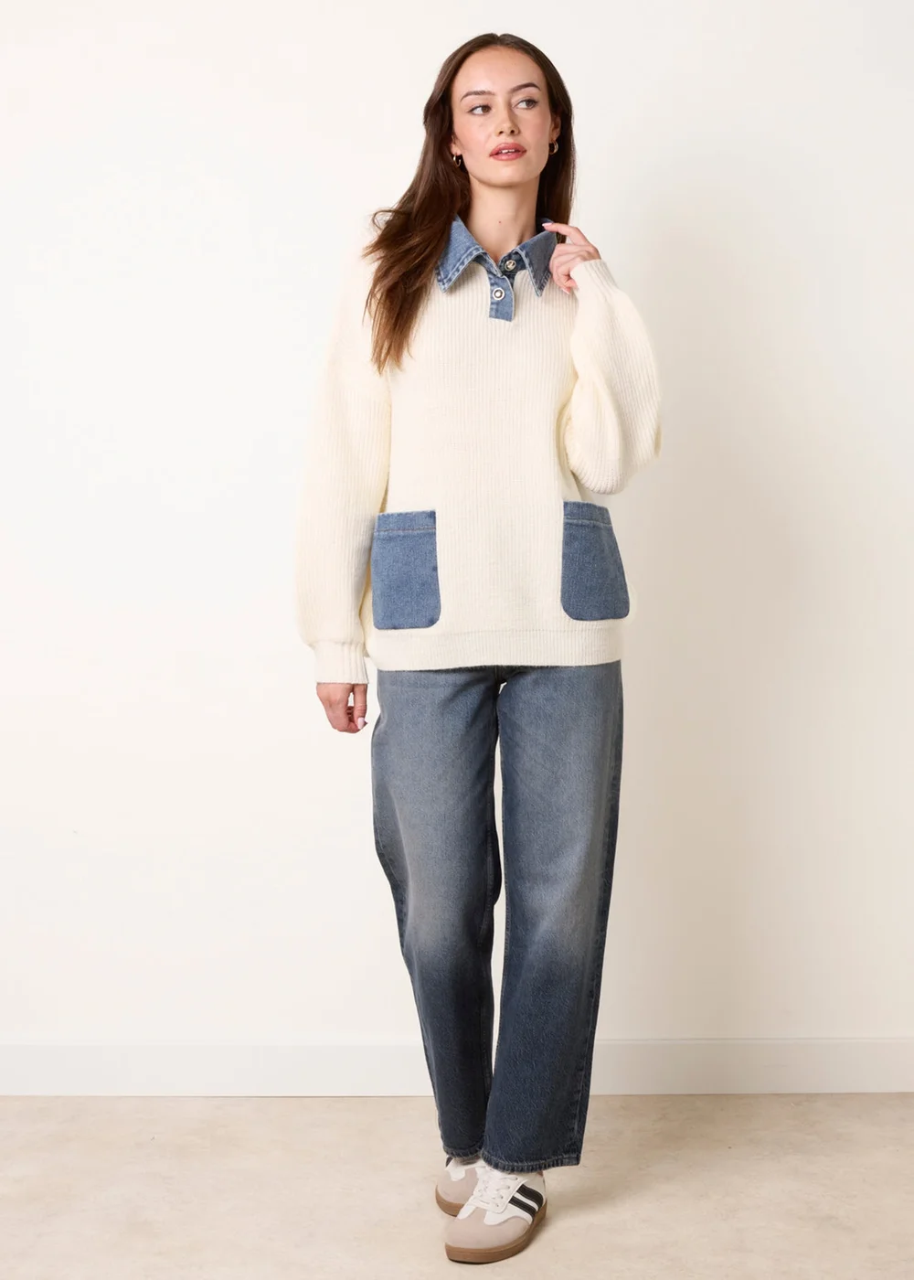 Blue Vanilla Cream Denim Collar & Pocket Detailed Jumper - One Size Image 2