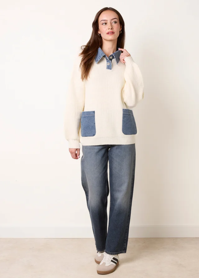 Blue Vanilla Cream Denim Collar & Pocket Detailed Jumper