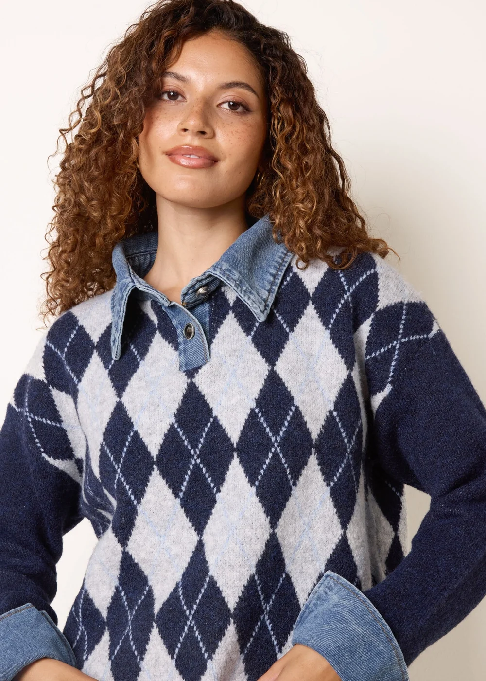 Blue Vanilla Navy Argyle Knit Polo Jumper - S/M Image 1