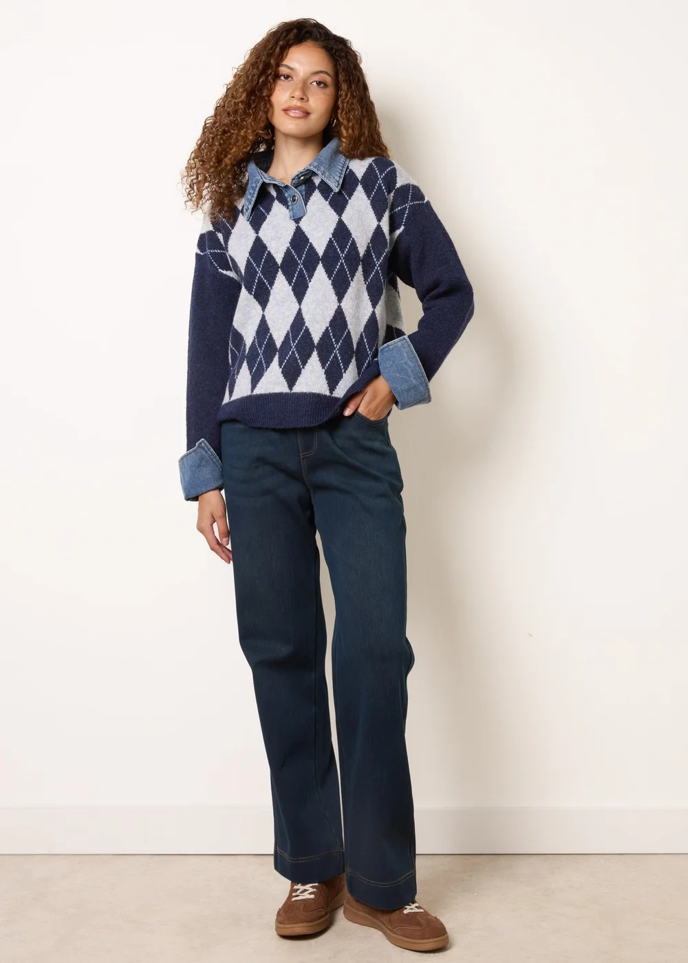 Blue Vanilla Navy Argyle Knit Polo Jumper - S/M Image 3