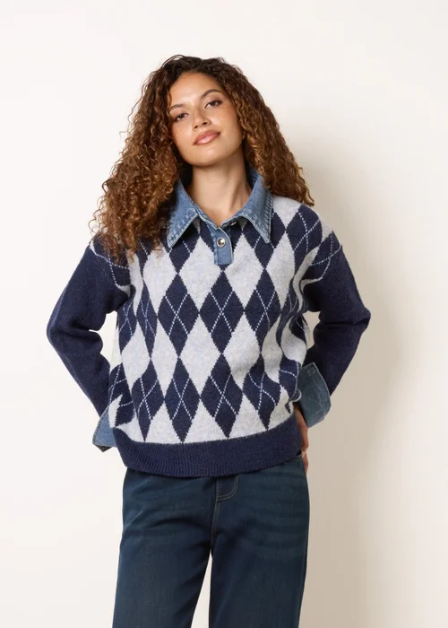Blue Vanilla Navy Argyle Knit Polo Jumper - S/M Image 2