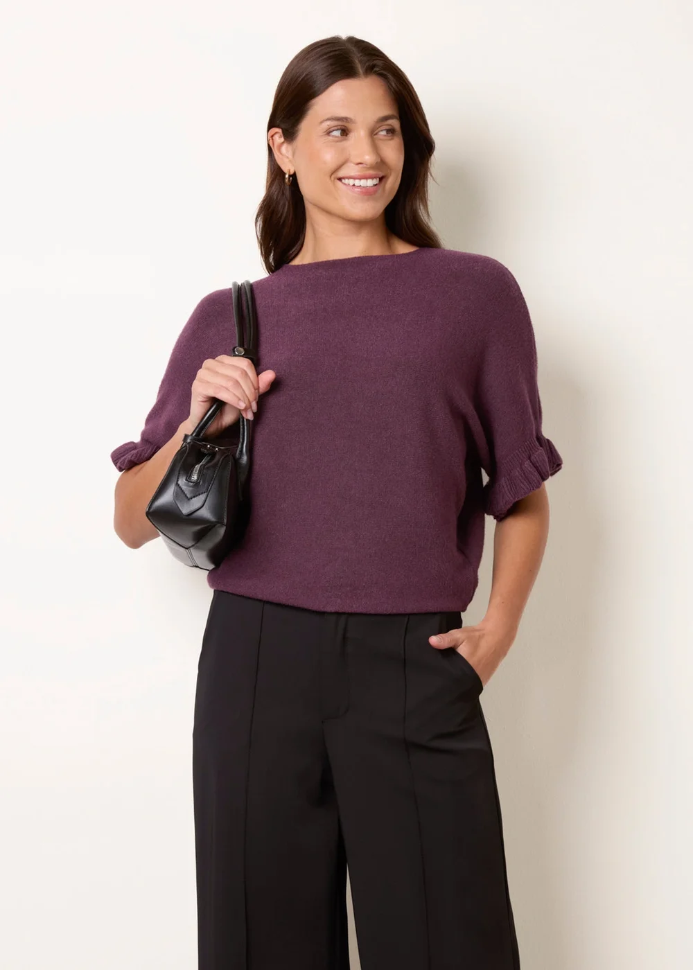 Blue Vanilla Purple Knitted Frill Sleeve Batwing Jumper - One Size Image 1