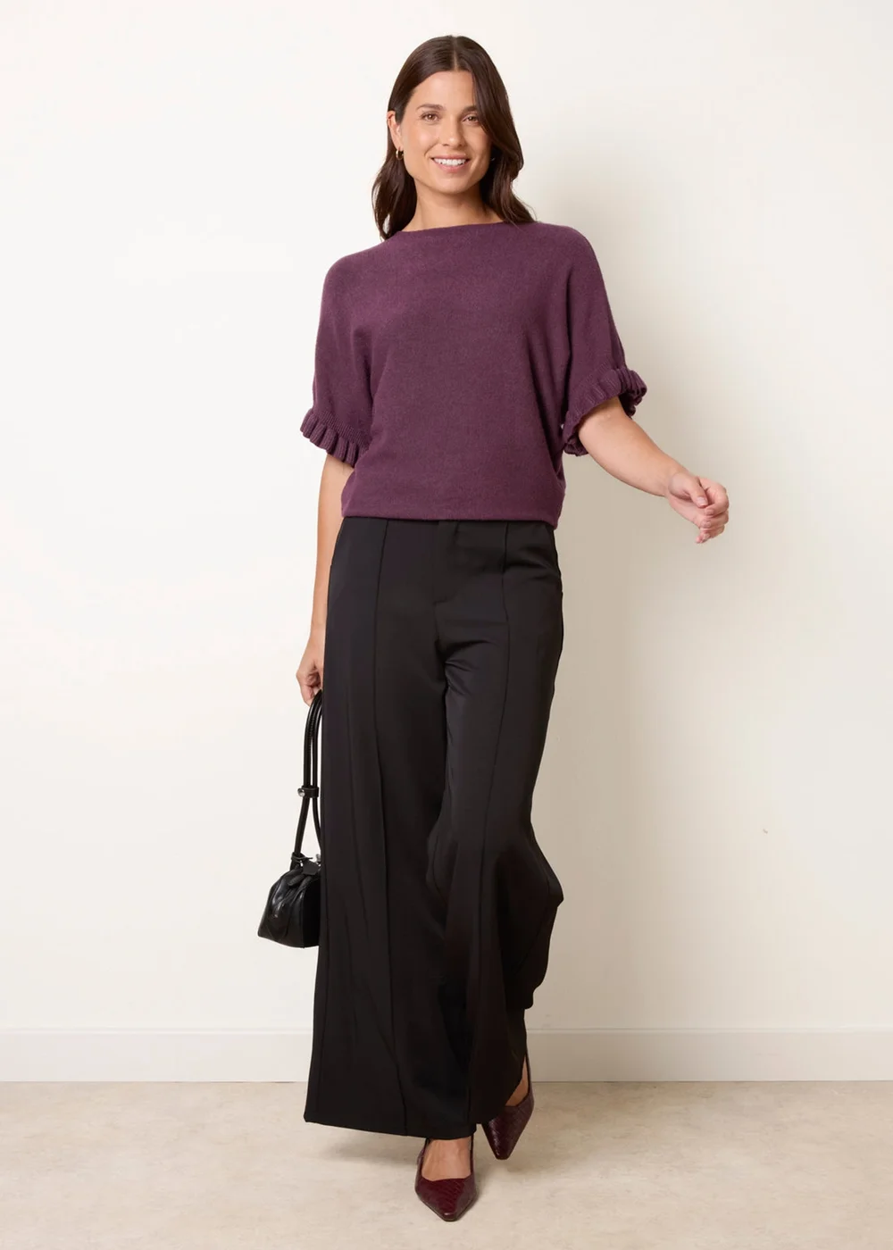 Blue Vanilla Purple Knitted Frill Sleeve Batwing Jumper - One Size Image 2
