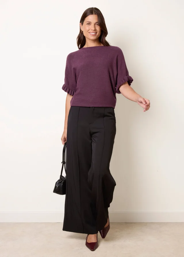 Blue Vanilla Purple Knitted Frill Sleeve Batwing Jumper