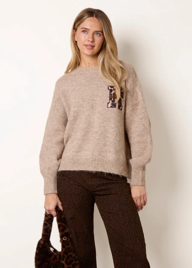 Blue Vanilla Beige Initial Leopard Embroidered Jumper