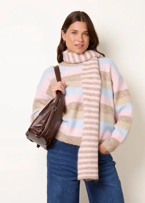 Blue Vanilla Beige Stripe 2 in 1 Scarf Jumper - One Size Image 2