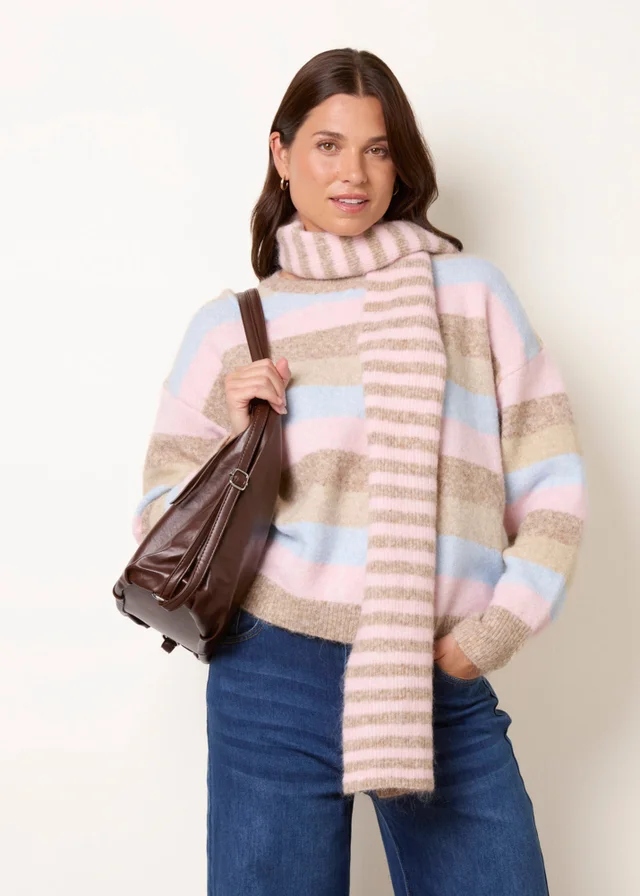 Blue Vanilla Beige Stripe 2 in 1 Scarf Jumper