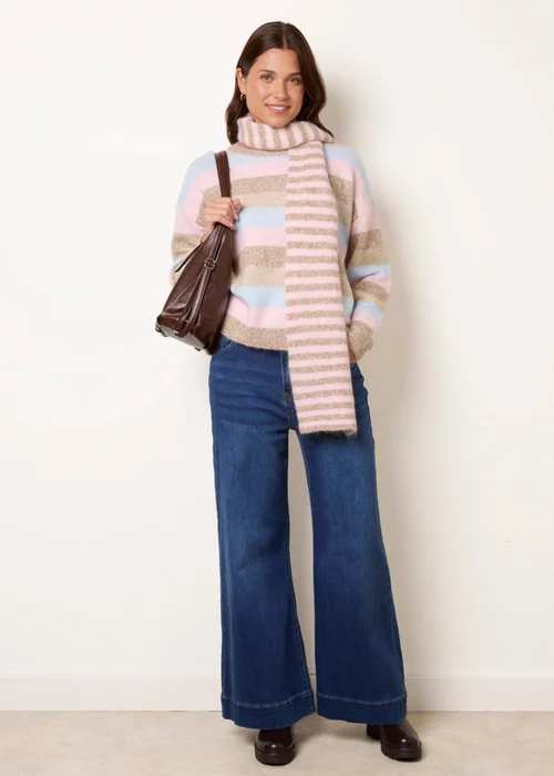 Blue Vanilla Beige Stripe 2 in 1 Scarf Jumper - One Size Image 3