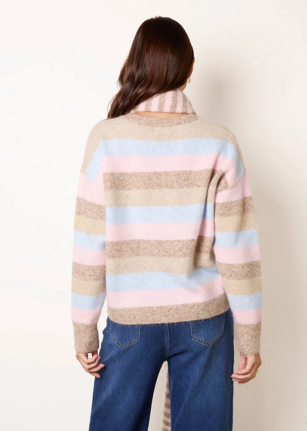 Blue Vanilla Beige Stripe 2 in 1 Scarf Jumper - One Size Image 4