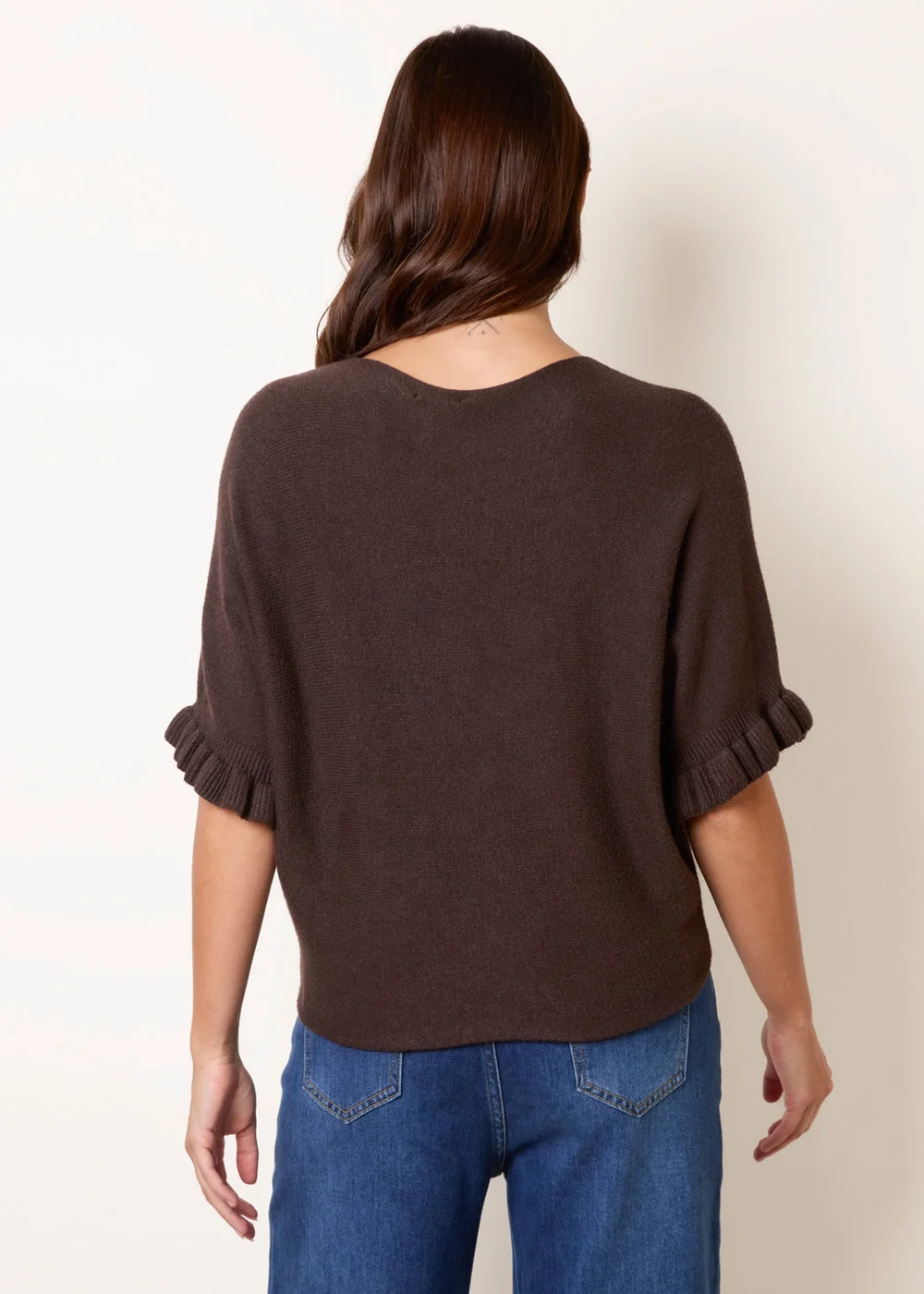 Blue Vanilla Brown Knitted Frill Sleeve Batwing Jumper - One Size Image 4