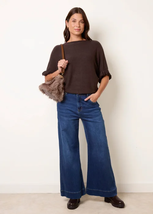 Blue Vanilla Brown Knitted Frill Sleeve Batwing Jumper - One Size Image 3