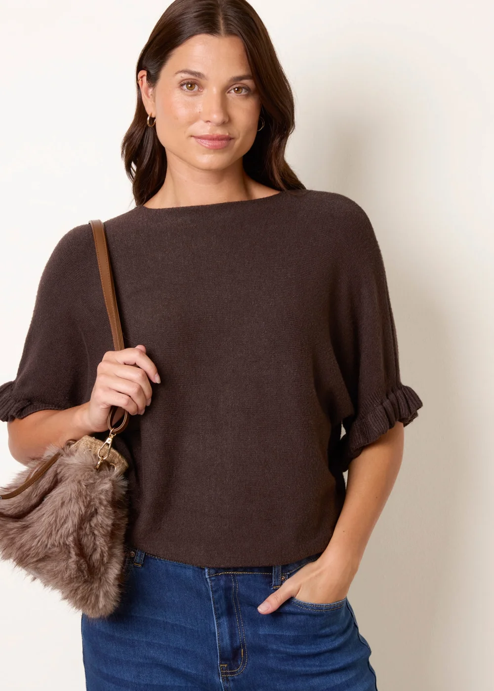 Blue Vanilla Brown Knitted Frill Sleeve Batwing Jumper - One Size Image 2