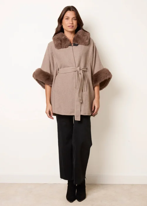 Blue Vanilla Beige Faux Fur Trimmed Cape - One Size Image 3