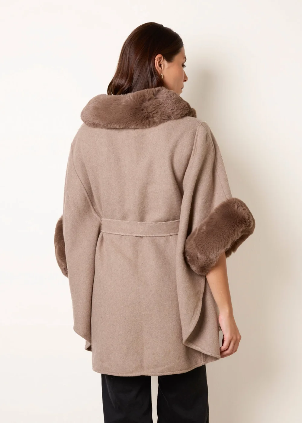 Blue Vanilla Beige Faux Fur Trimmed Cape - One Size Image 4