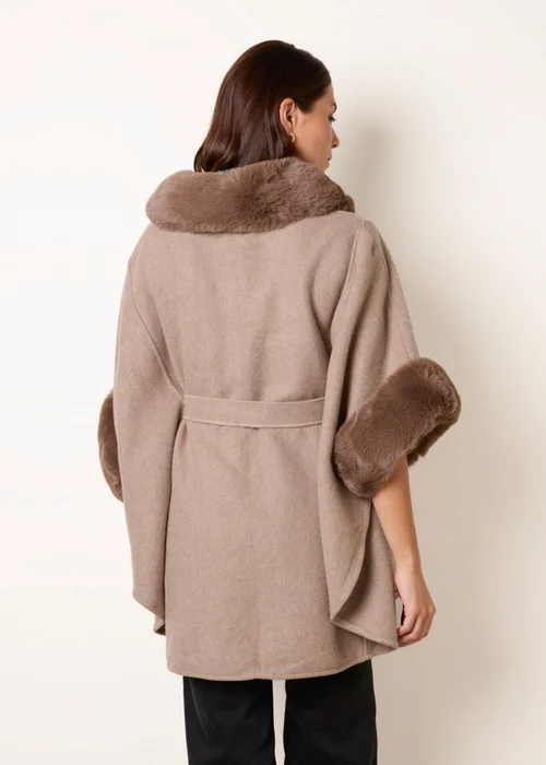 Blue Vanilla Beige Faux Fur Trimmed Cape - One Size Image 4