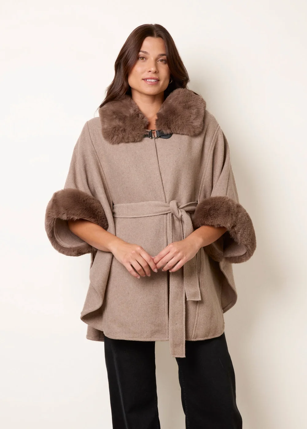 Blue Vanilla Beige Faux Fur Trimmed Cape - One Size Image 1