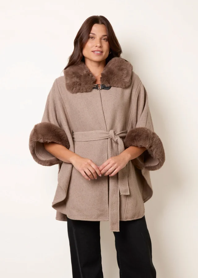 Blue Vanilla Beige Faux Fur Trimmed Cape