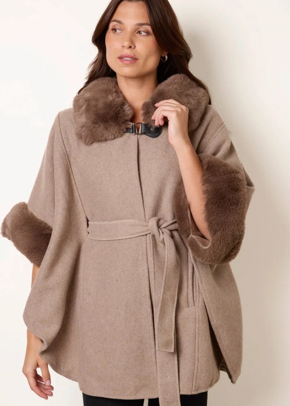 Blue Vanilla Beige Faux Fur Trimmed Cape - One Size Image 2