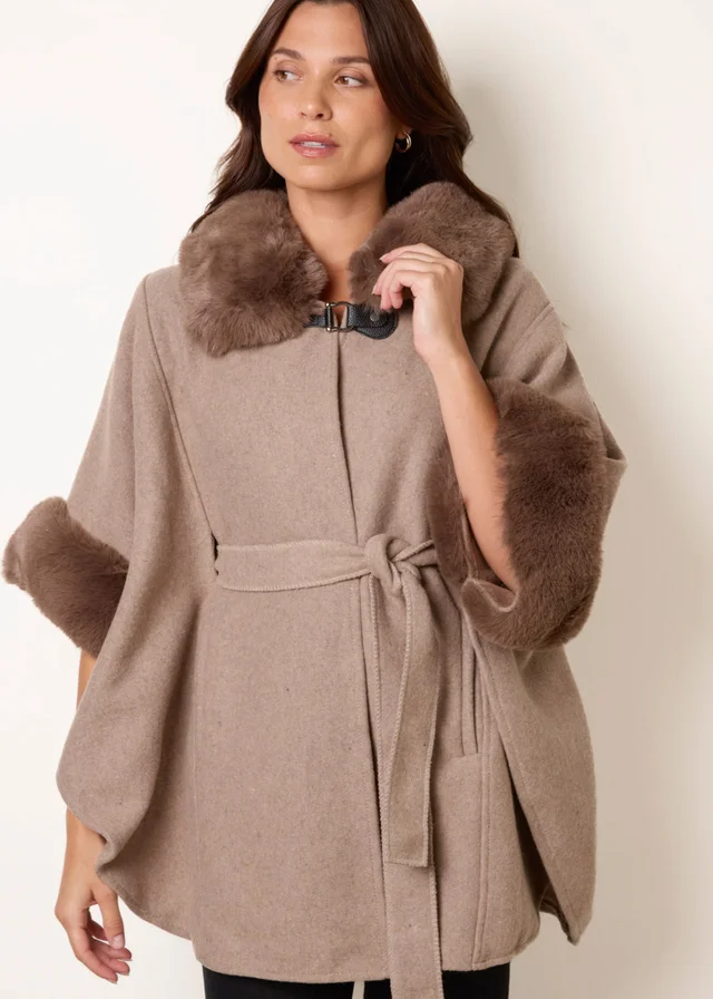 Blue Vanilla Beige Faux Fur Trimmed Cape