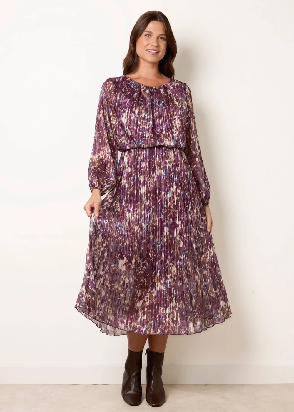 Blue Vanilla Purple Metallic Leopard Print Pleated Scoop Pleated Dress - S Image 1