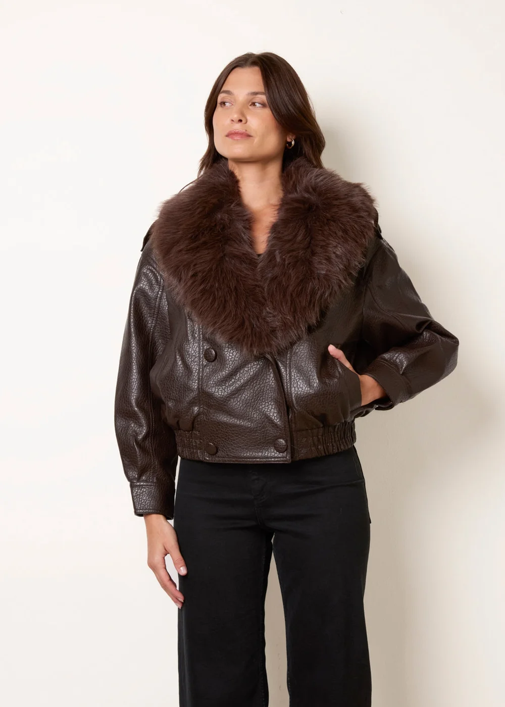 Blue Vanilla Brown Faux Fur Collar Button Up Jacket - S Image 3