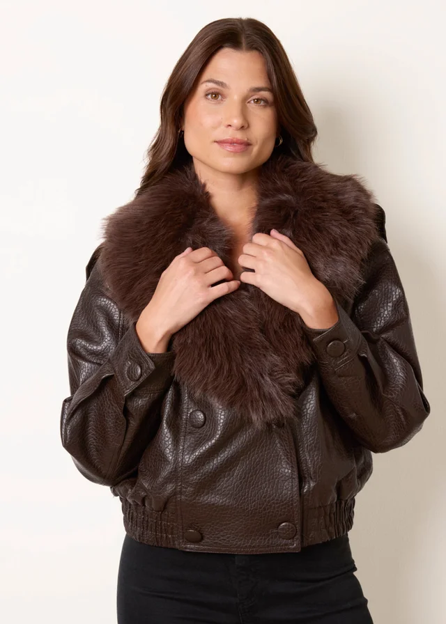 Blue Vanilla Brown Faux Fur Collar Button Up Jacket