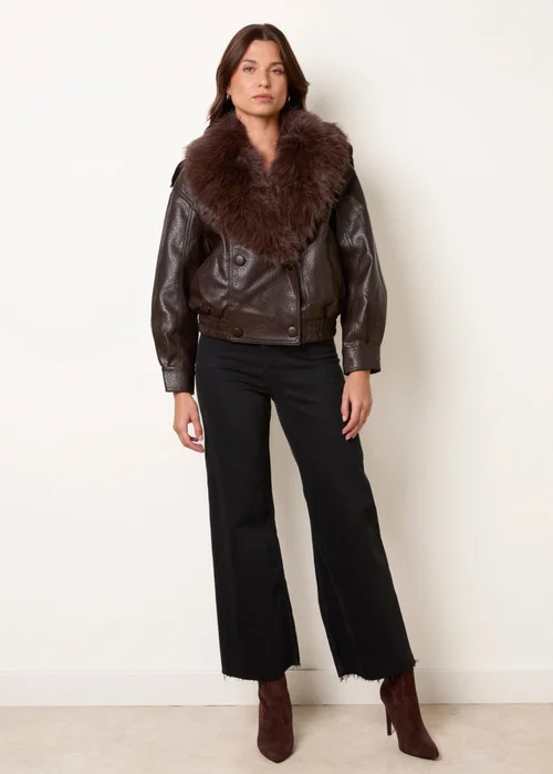 Blue Vanilla Brown Faux Fur Collar Button Up Jacket - S Image 2