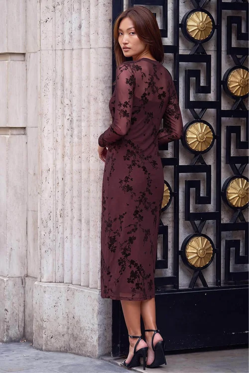 Roman Wine Floral Mesh Midi Dress - 10 Image 3