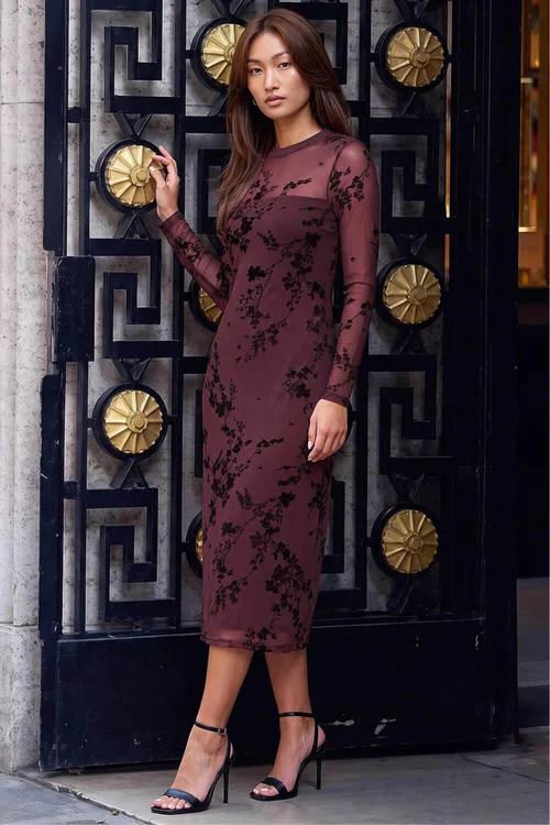 Roman Wine Floral Mesh Midi Dress - 10 Image 2