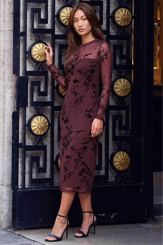Roman Wine Floral Mesh Midi Dress
