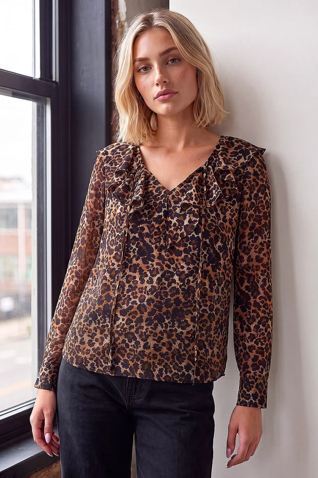 Dusk Black Animal Ruffle Tie Front Top