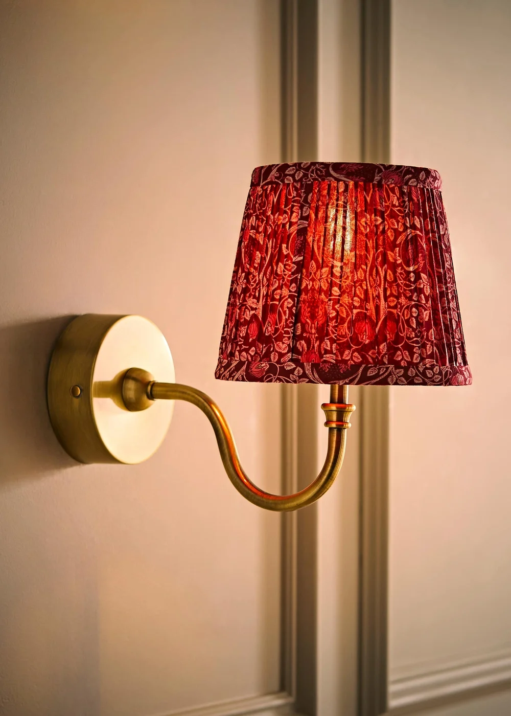 ValueLights Lowe Brushed Gold Rechargeable Wall Light Base with Burgandy Floral Pleated Shade - One Size Image 2