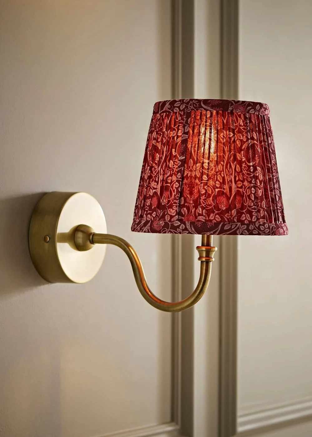 ValueLights Lowe Brushed Gold Rechargeable Wall Light Base with Burgandy Floral Pleated Shade - One Size Image 1