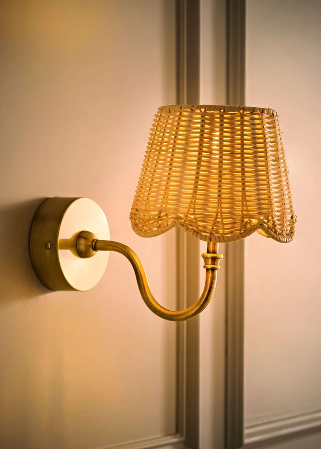 ValueLights Lowe Brushed Gold Rechargeable Wall Light Base with Rattan Taper Shade