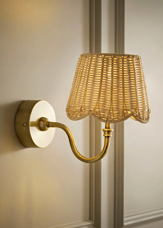 ValueLights Lowe Brushed Gold Rechargeable Wall Light Base with Rattan Taper Shade