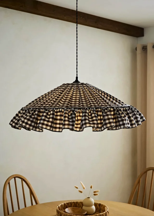 ValueLights Wren Extra Large Brown Gingham Ruffle Skirt Taper Shade 60cm
