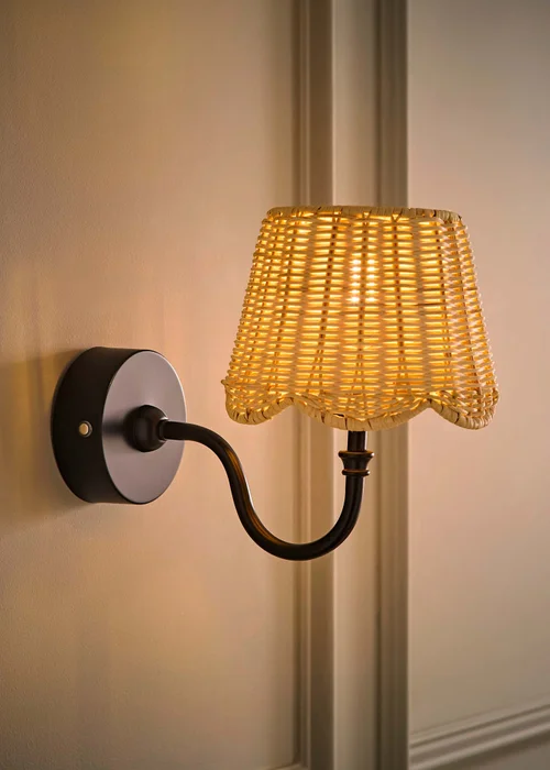 ValueLights Lowe Matte Black Rechargeable Wall Light with Rattan Taper Shade - One Size Image 2