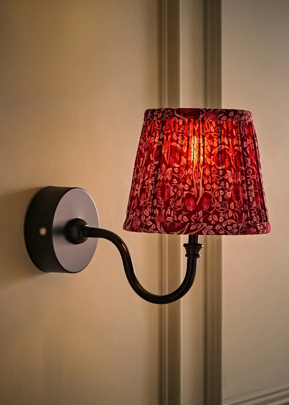 ValueLights Lowe Matte Black Rechargeable Wall Light with Burgandy Floral Pleated Shade - One Size Image 2