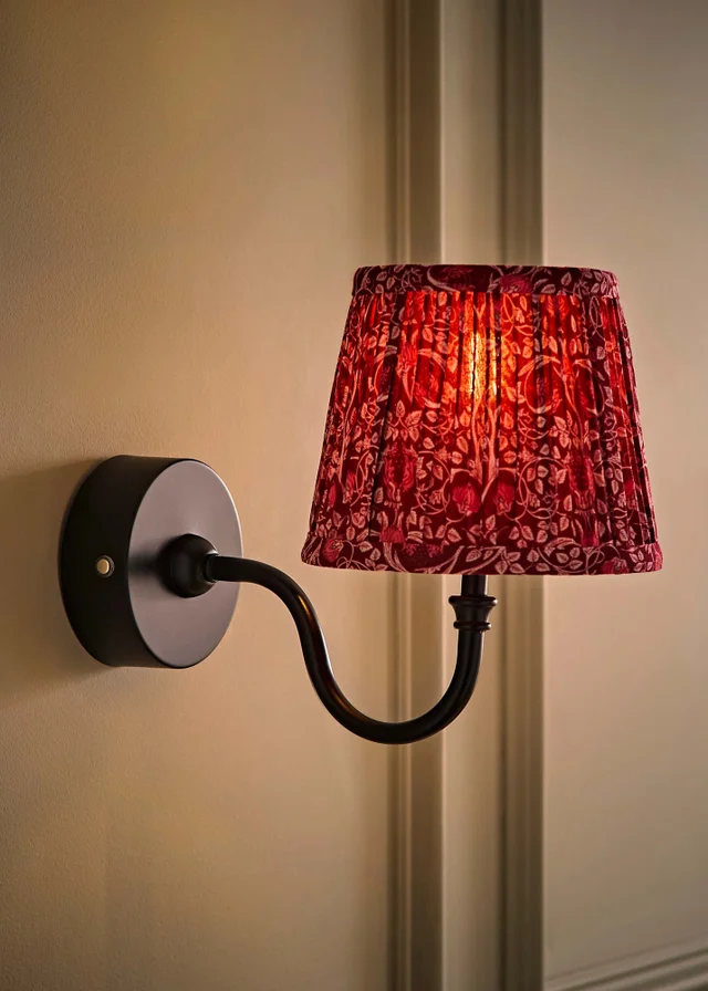 ValueLights Lowe Matte Black Rechargeable Wall Light with Burgandy Floral Pleated Shade