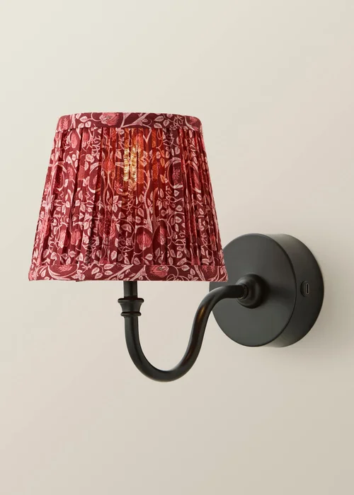ValueLights Lowe Matte Black Rechargeable Wall Light with Burgandy Floral Pleated Shade - One Size Image 3