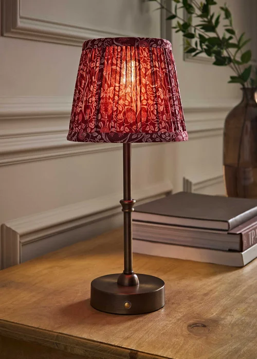ValueLights Lowe Brushed Brass Rechargeable Table Lamp with Burgandy Floral Pleated Shade - One Size Image 1