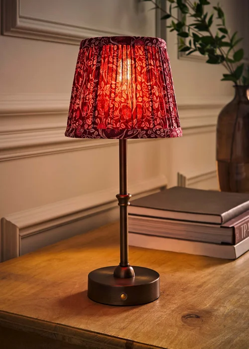 ValueLights Lowe Brushed Brass Rechargeable Table Lamp with Burgandy Floral Pleated Shade - One Size Image 2