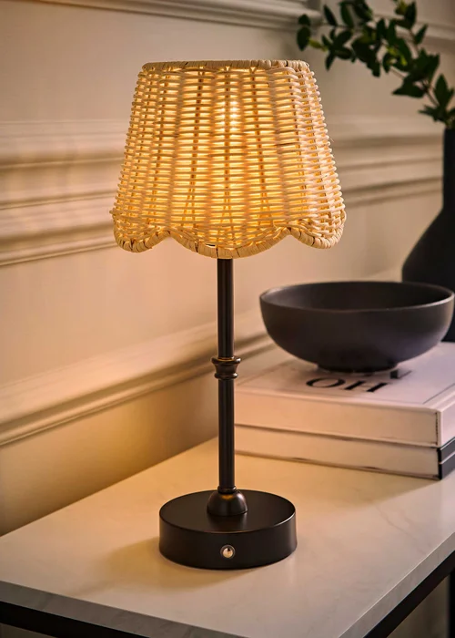 ValueLights Lowe Matte Black Rechargeable Table Lamp with Rattan Taper Shade - One Size Image 2